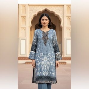 Elegant Blue and Black Patterned Shalwar Kameez Set NWOT with Dupatta